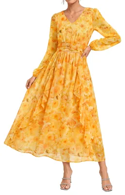 Produktbild von Midi-Kleid mit V-Ausschnitt und langen Ärmeln – Gelbes Blumenmuster
