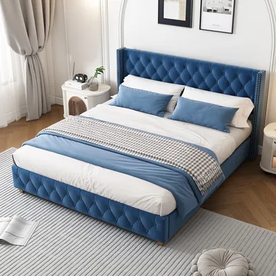 Produktbild von okwish Polsterbett Doppelbett 160×200cm mit Lattenrost und Kopfteil, Knopfpolsterung, Nietenpolsterung, Samt,Blau,Ohne Matratze
