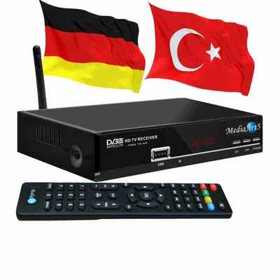A digital TV receiver with its remote control, with the flags of Germany and Turkey in the background.