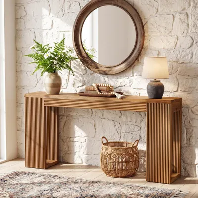 Obrázok produktu pre Tribesigns, konzolový stolík z masívneho dreva, 160 cm, rustikálny štýl, s kanelovanými nohami, úzky konferenčný stolík do obývačky, chodby alebo predsiene