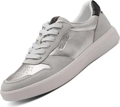 A single silver sneaker is shown against a white background.