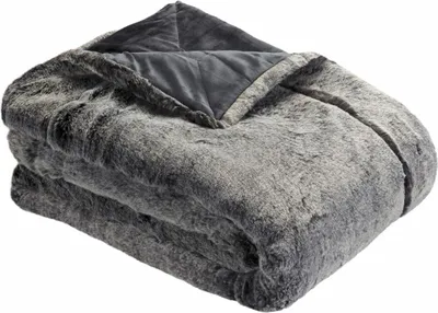 A folded gray faux fur blanket with a dark gray lining.