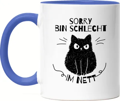 Produktbild von Sorry Bin Schlecht Im Nett Tasse Blau mit Katzen und Herzen Motiv für Katzenliebhaber Katzenliebe Miau Mieze Büsi