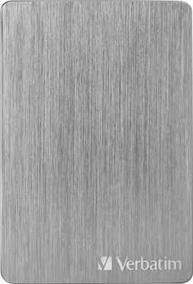A close-up, top-down view of a silver external hard drive with a brushed metal finish.