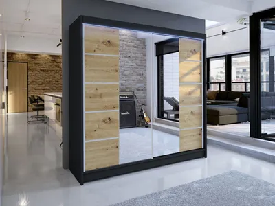 Obrázok produktu pre Šatníková skriňa 180 cm so zrkadlom a LED RGB osvetlením VILMA 5 - čierna / dub artisan