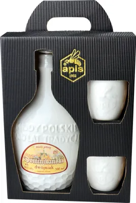 Produktbild von Dominikañski Met Dwójniak-Halber (Keramik) Geschenkset im Karton mit kleinen Keramikbechern | 500ml | 16% Alkohol Metwein | Polnische Produktion