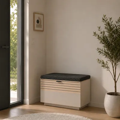 Produktbild von Garderobe Schuhbank mit Sitzkissen, 78 cm breit, in Kaschmir Beige mit Eiche, Lamellenoptik - ISCHIA-36