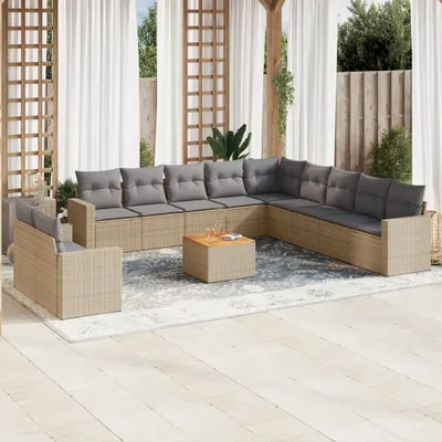 Produktbild von Design 12-tlg. Garten-Sofagarnitur mit Kissen Beige Poly Rattan, Gartenmöbel-Sets 2024 Neu