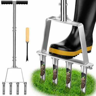 Image de Aérateur de gazon en acier inoxydable - Aérateur manuel - 4 lames creuses - Durable - Pour les sols compactés - Longueur totale : 94 cm - Aérateur pour gazon