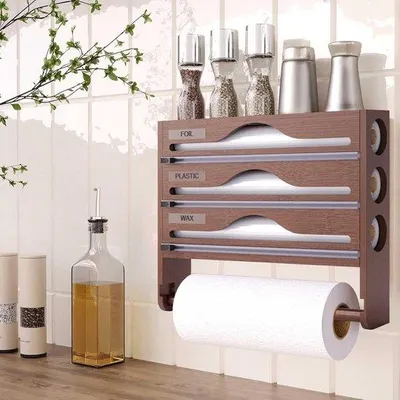 Produktbild von Aluminiumfoliedispenser mit Schneidwerkzeugen und Küchenrollehalter, braun