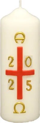 Produktbild von Osterkerze rotes Kreuz mit A und O, Jahreszahl 140 x Ø 50 mm