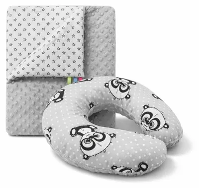 Produktbild von Kuschelset Minky-Decke + Reisekissen für Babys Panda GRAU