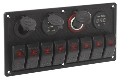 Image de Panneau de commutation LED - 8 voies - CC 12-24 V - USB 3,1 A - IP65 étanche - Fusible 15 A - Pour bateau, camion, camping-car - Noir/rouge