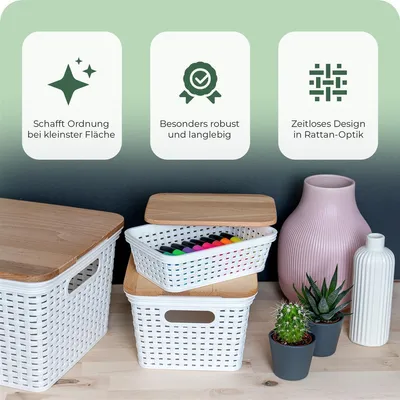 Productafbeelding van Novaliv, set van 3 opbergmanden, geschikt voor voedsel, wit, kunststof, met een rattan-look. Ideaal voor keukenopslag en organisatie. BPA-vrije opbergboxen voor theezakjes, snacks en kruiden