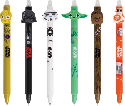 A collection of six Star Wars themed pens arranged in a row against a white background.