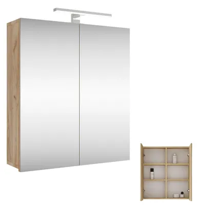 Produktbild von Planetmöbel Merkur Spiegelschrank Bad 60 cm breit Badschrank hängend mit Spiegel, gold eiche, mit LED-Leuchte chrom