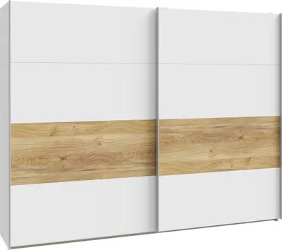 Produktbild von Schiebetürenschrank >MAYACUS< 3 Stangen, 3 Böden, weiß, Eiche Nachbildung - 269,9x210,5x61,2cm (BxHxT)