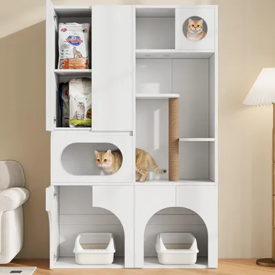 Produktbild von Flieks Kommode Haustierschrank mit Kratzbaum und Türen, Haustier-Aufbewahrungsschrank mit Ruhebereich für Katzen und Hunde, 140x45x195 cm, Weiß