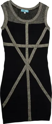 Produktbild von Kleid X-Gold eng anliegend mit geometrischem Muster und silbernen Linien