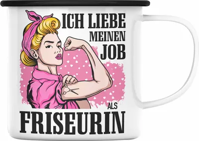Produktbild von Trendation - Friseurin Emaille Tassen Geschenk Zubehör Geschenkideen Friseursaloneröffnung Frisörin Emaille Tasse Emaille Emaille Tasse Spruch Friseur (Schwarz)