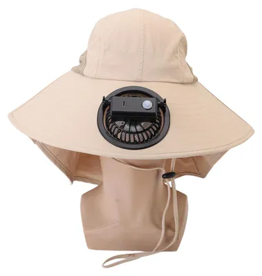 Obrázek produktu pro Klobouk se zabudovaným ventilátorem, USB nabíjením, širokou krempou a ochranou proti slunci, khaki barva, vhodný pro outdoorové aktivity