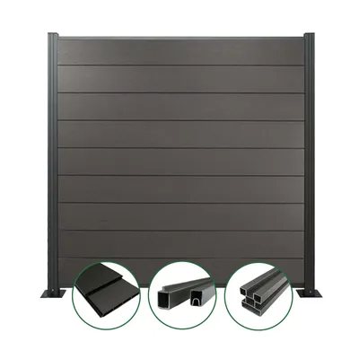 A dark gray WPC fence panel with black posts, shown on a white background. Three circular insets at the bottom show close-ups of the fence components.