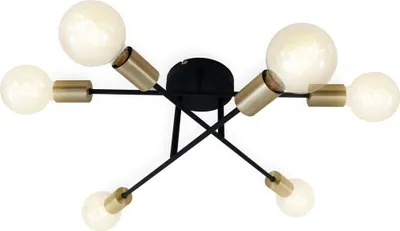 A modern ceiling light with multiple arms and exposed bulbs.