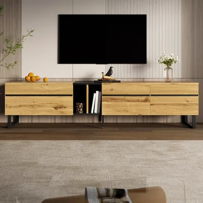 Produktbild von TV-Lowboard - TV-Schrank - 180 x 38 x 45 cm - Klapptür - Offene Fächer - 2 Türen - Holzoptik