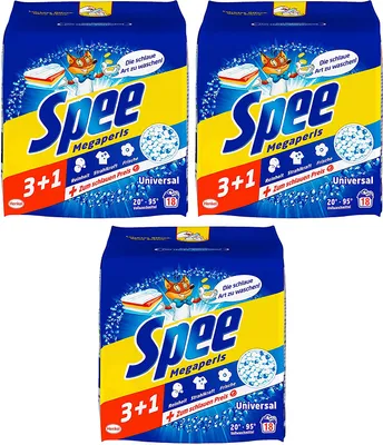 Produktbild von Spee, Megaperls Universal 3+1, Vollwaschmittel, 54 (3 x 18) Waschladungen, Reinheit, Strahlkraft und Frische für deine Wäsche - zum schlauen Preis