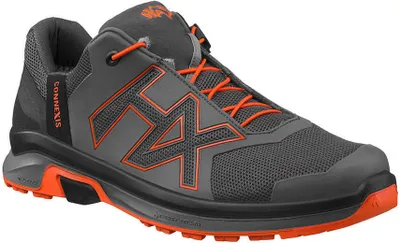 A single grey and orange hiking shoe is shown against a white background.