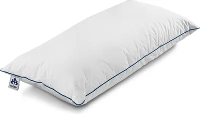 A white pillow with blue piping, shown from a diagonal angle on a white background.