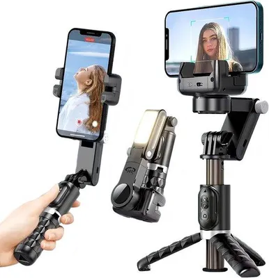 Zdjęcie produktu dla Ręczny stabilizator gimbalowy do smartfonów z automatycznym rozpoznawaniem twarzy, 2 osiami, funkcją selfie, statywem, lampką LED, obrotem o 360° i pilotem.