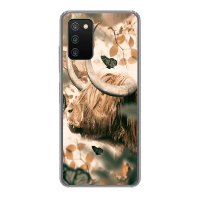 Produktbild von MuchoWow® Handyhülle Schutzhülle Hülle für Samsung Galaxy A03s Schottische Highlander - Schmetterlinge - Blätter Silikon Softcase Handy Hülle - Schutz