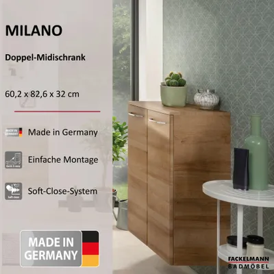 Produktbild von FACKELMANN Doppel-Midischrank MILANO / Badschrank mit Soft-Close / Maße (B x H x T): ca. 60,5 x 83 x 32 cm / hochwertiger Schrank fürs Badezimmer / 2 Türen / Korpus: Braun hell / Front: Braun hell