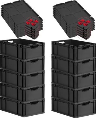 Produktbild von SparSet 10x Eurobox NextGen Grip mit Auflagedeckel inkl. 4 roten Schiebeschnappverschlüssen | HxBxT 22x40x60cm | 44 Liter | Schwarz | Griffe offen | Verstärkter Boden | Eurobehälter, Transportbox, Transportbehälter, Stapelbehälter