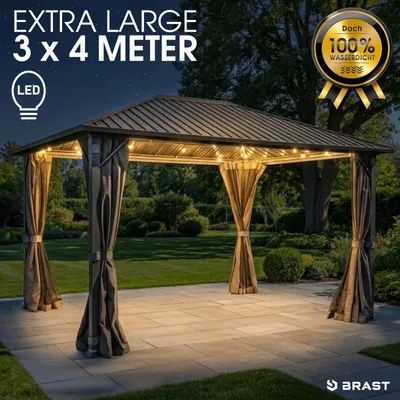 Produktbild von BRAST Pavillon Aluminium Miami | Größen 3x3m 3x4m 4x4m | viele Modelle | Hardtop mit Stahlach | wahlweise mit LEDs | Moskitonetz | Anthrazit | wasserdicht | UV-Schutz | 3x4m inkl. LEDs