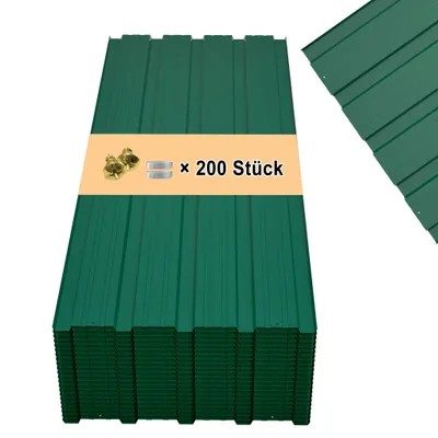 A stack of green metal roofing sheets with a band showing fasteners and quantity.
