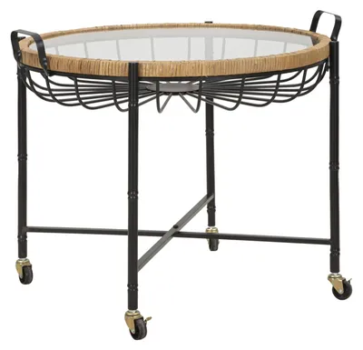 Immagine prodotto di Tavolo basso Cebu 70,5x65x57 cm - Tavolino con piano in vetro incorniciato in rattan e ruote - Stile Boho Chic moderno