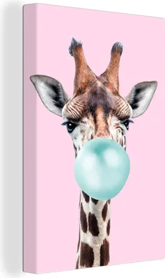 Produktbild von OneMillionCanvasses® - Leinwandbilder - 90x140 cm, Giraffe - Kaugummi - Rosa - Blau - Mädchen - Kinder - Mädchen, Wandbilder Kunstdruck Wanddekoration - Wandschmucke - Schlafzimmer