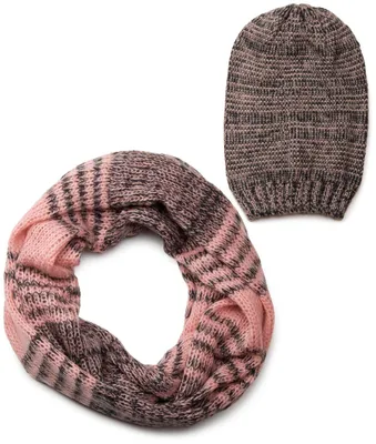 Produktbild von styleBREAKER Schal und Mütze Kombi Set, gestreifter Glattstrick Loop Schlauchschal mit Strick Beanie Mütze 01018204