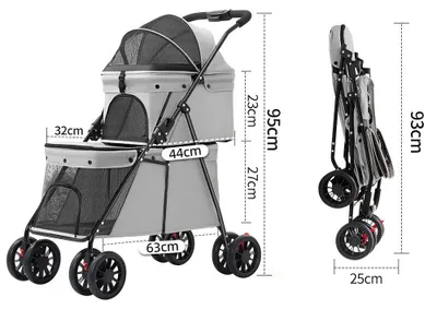 Produktbild von 3-in-1 Tierbuggy - Hundebuggy Katzenbuggy - 2-stöckig - klappbar und tragbar - für kleine Hunde und Katzen bis 24 kg - grau
