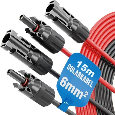 Produktbild von 2 × 15 m Solarkabel Verlängerung 6 mm²/10 AWG, Rot & Schwarz mit MC4-Steckern, PV-Kabel für Solarmodule und Photovoltaikanlagen