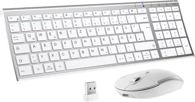 Produktbild von Aluminium Wireless Slim Tastatur QWERTZ Layout (Deutsch) für Computer/Desktop/PC/Laptop/Oberfläsche/Smart TV und Windows 10/8/7/Vista/XP (2.4GHz, USB)