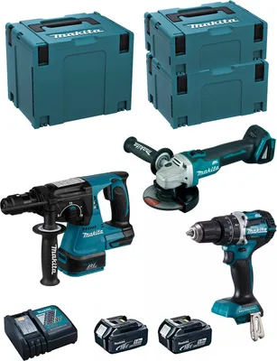 Produktbild von MAKITA Kit MK311RTJ (DHR243 + DHP484 + DGA504 + 2 x 5,0 Ah + DC18RC + MAKPAC 2 + MAKPAC 3 + MAKPAC 4)