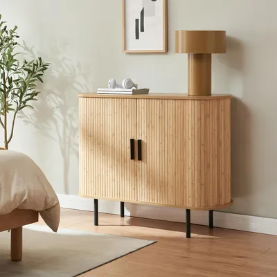 Produktbild von Beistellschrank 'Tvedestrand' Schuhschrank mit 2 Türen aus Bambus 100 x 40 x 80 cm Natur / Schwarz
