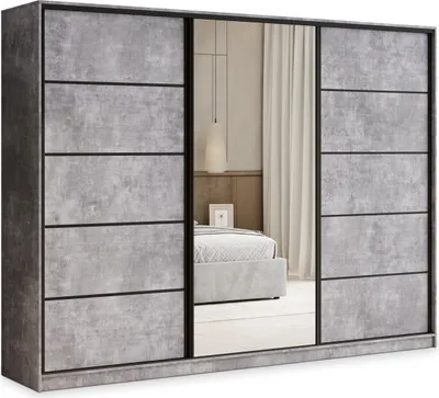 Produktbild von Masseno Schiebetürenschrank PINA 270/205/58 cm Kleiderschrank mit 4 Schubladen Schlafzimmer Schrank 3-türig mit Spiegel Titanfarben