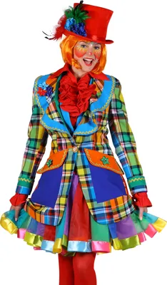 A person wearing a colorful clown costume, including a jacket, skirt, and hat, against a white background.