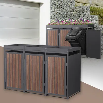 Produktbild von ML-Design Mülltonnenbox 3er mit Pflanzdach, Mülltonnenverkleidung für 3 Tonne, 240L,196x80x124 cm Anthrazit-Holzoptikl aus Stahl, Müllbox mit Tür