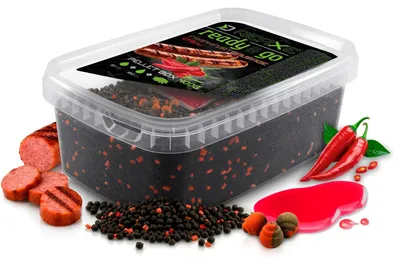 Imagen del producto de DELPHIN. Caja de pellets. Delphin Reaxe READY&GO. Salchichas – Chili / 400g + 120ml de potenciador + cebo flotante de 10mm