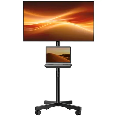 Produktbild von Mobiler TV-Ständer für 23–60 Zoll Fernseher, höhenverstellbar, mit Rollen und Medienablage, Schwarz